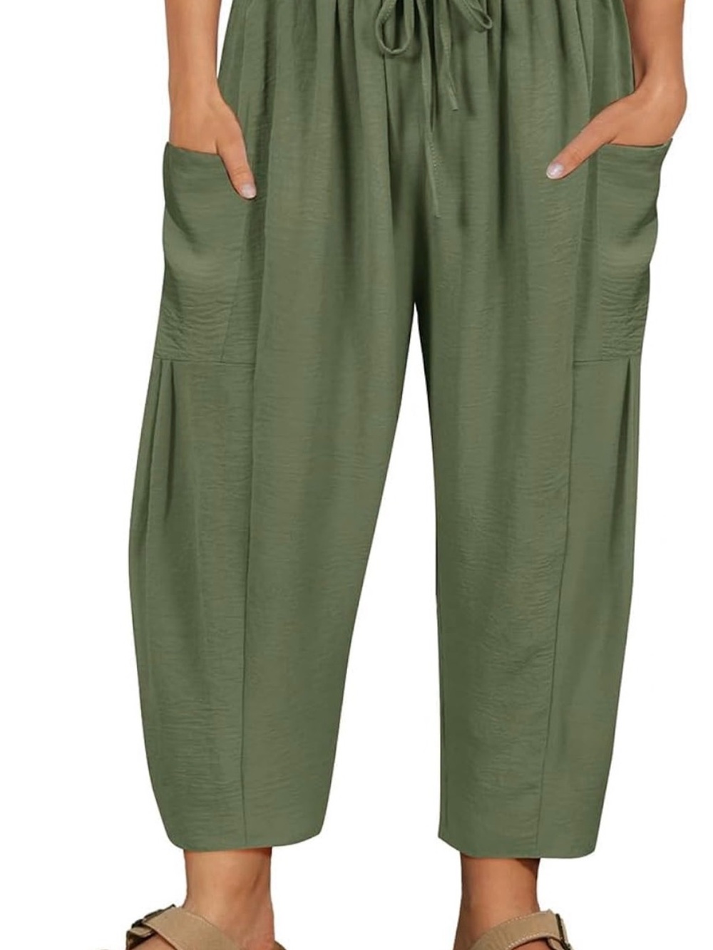 Wide Leg Olive Green Drawstring Pocket Pants